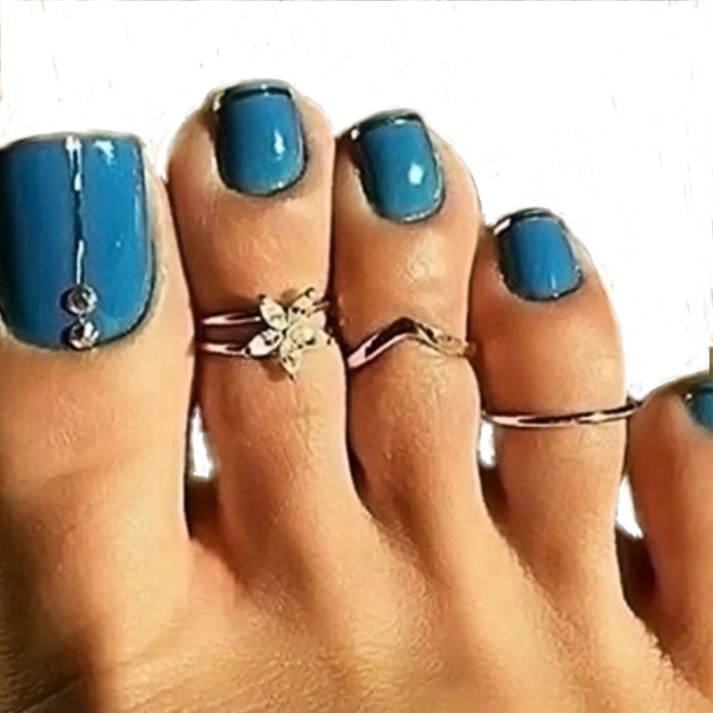 Toe Ring Set of 3 Rings Rhinestone Crystal Flower Floral Silver Summer Beach